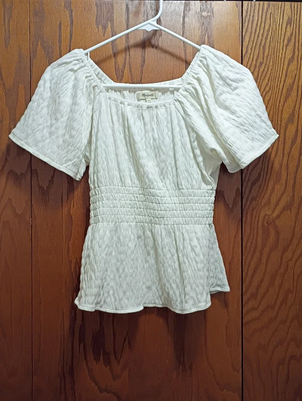 Madewell Cream Textured Peplum Short-Sleeve Top
